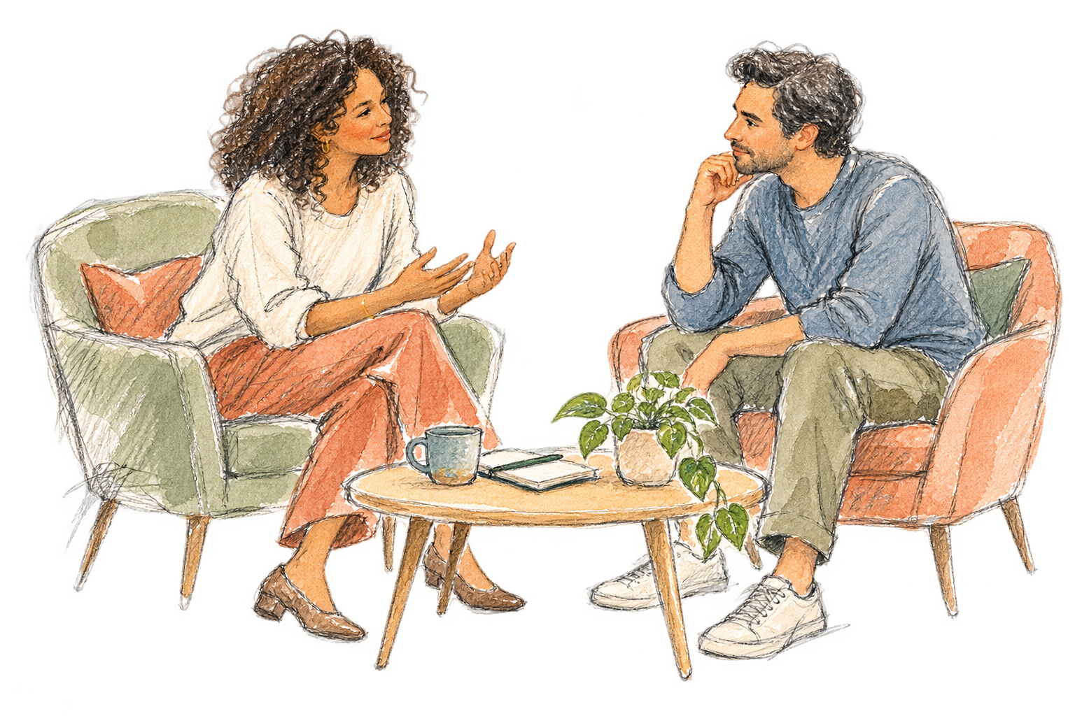 Two people talking together in a calm coaching conversation